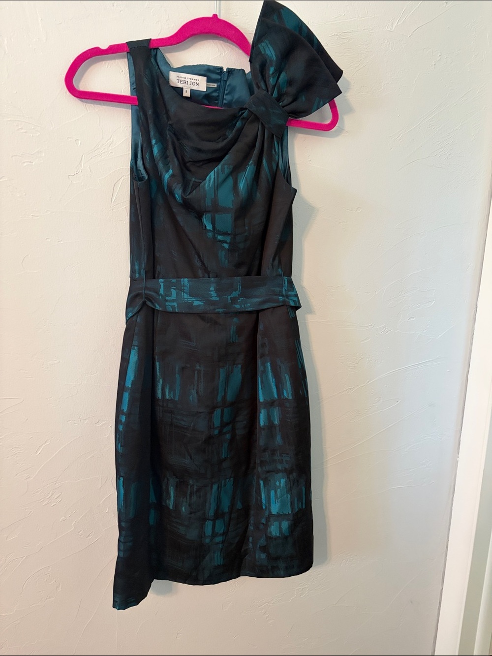 Teri Jon Black and Teal One-Shoulder Midi Dress with Bow